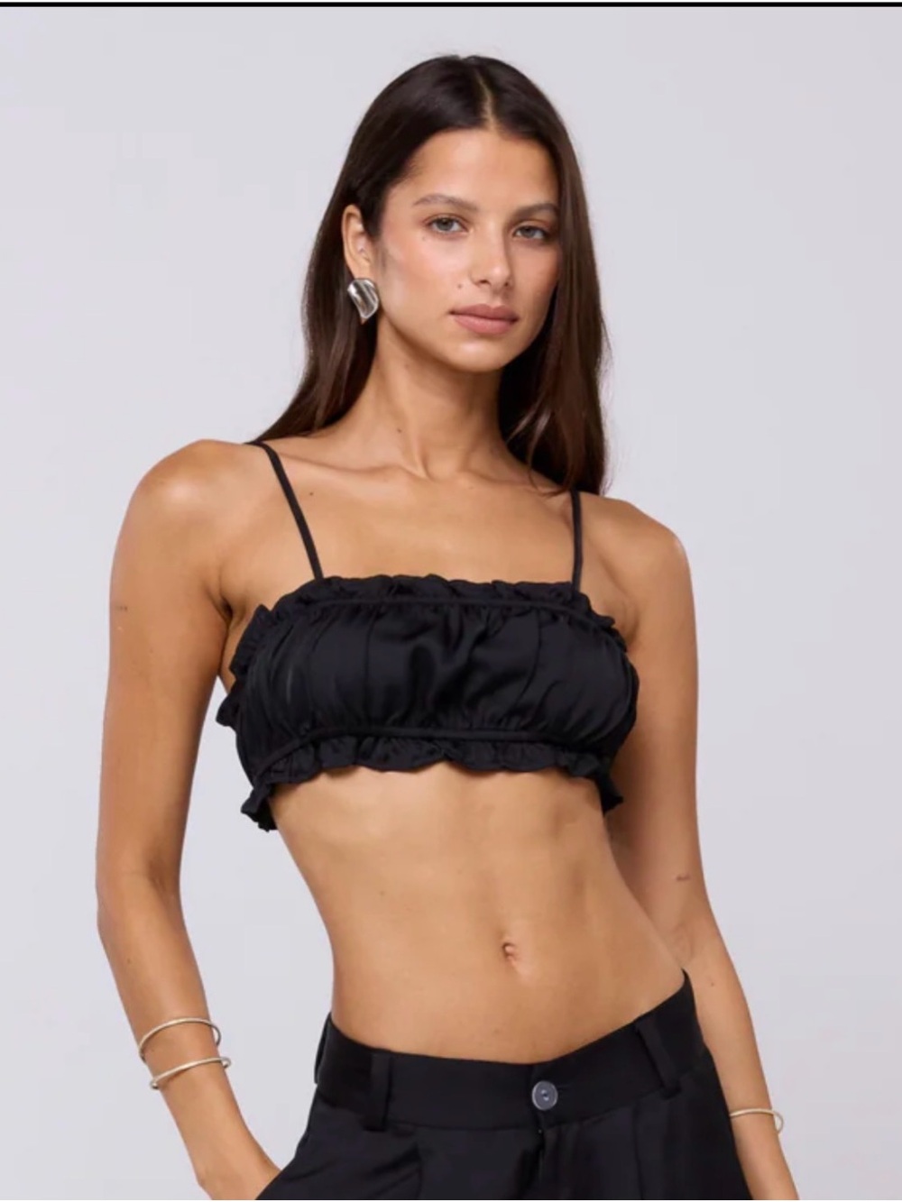 RESA Lucy Top in Black - Ruffled Crop Top w/ Spaghetti Straps & Criss-Cross Back